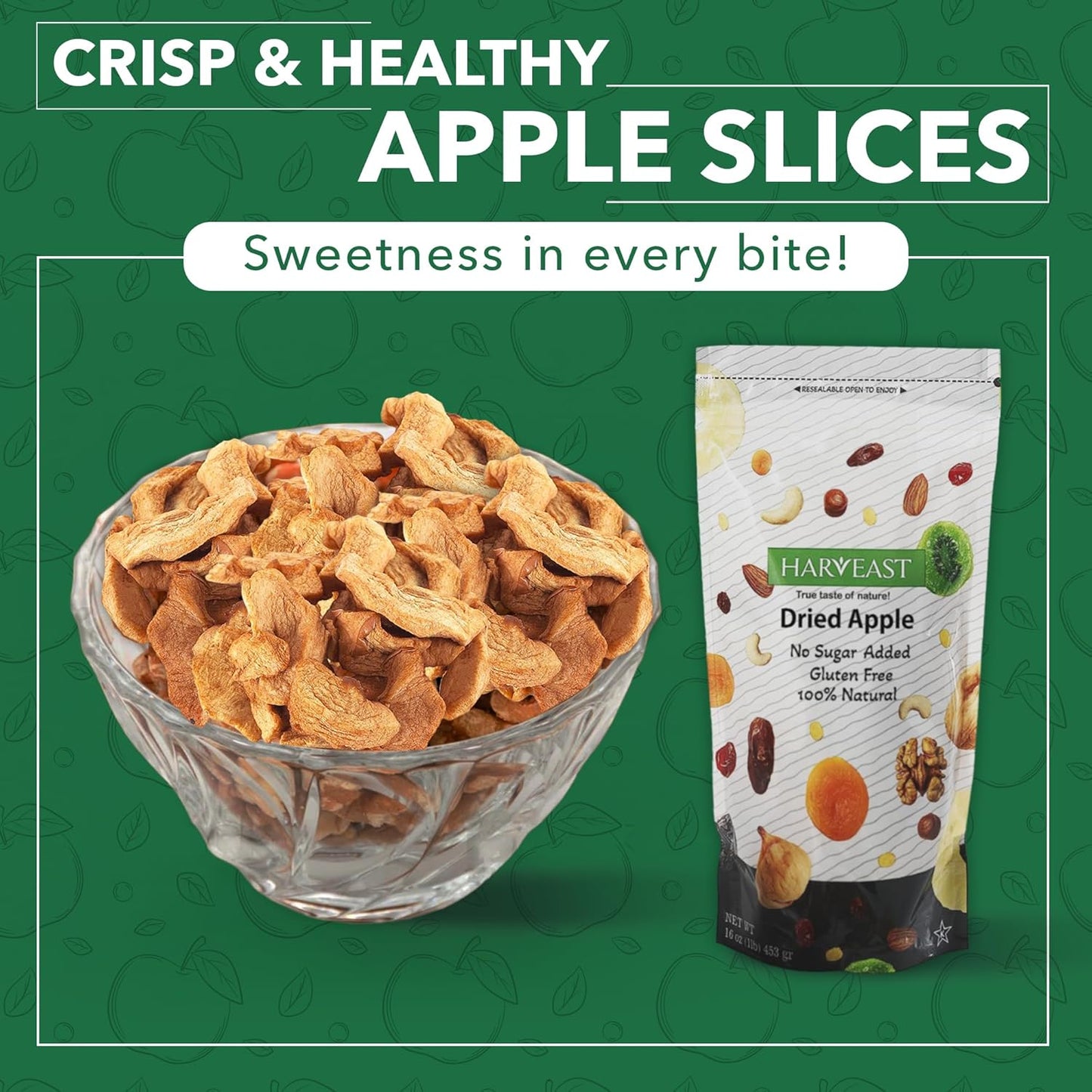 HARVEAST Dried Apples - Dehydrated Sliced Apple Snack - Tender & Sweet Whole Dried Fruits - Vegan Treats in Resealable Pack - Sugar Free, Non-GMO, Unsulfured, Gluten Free & Kosher