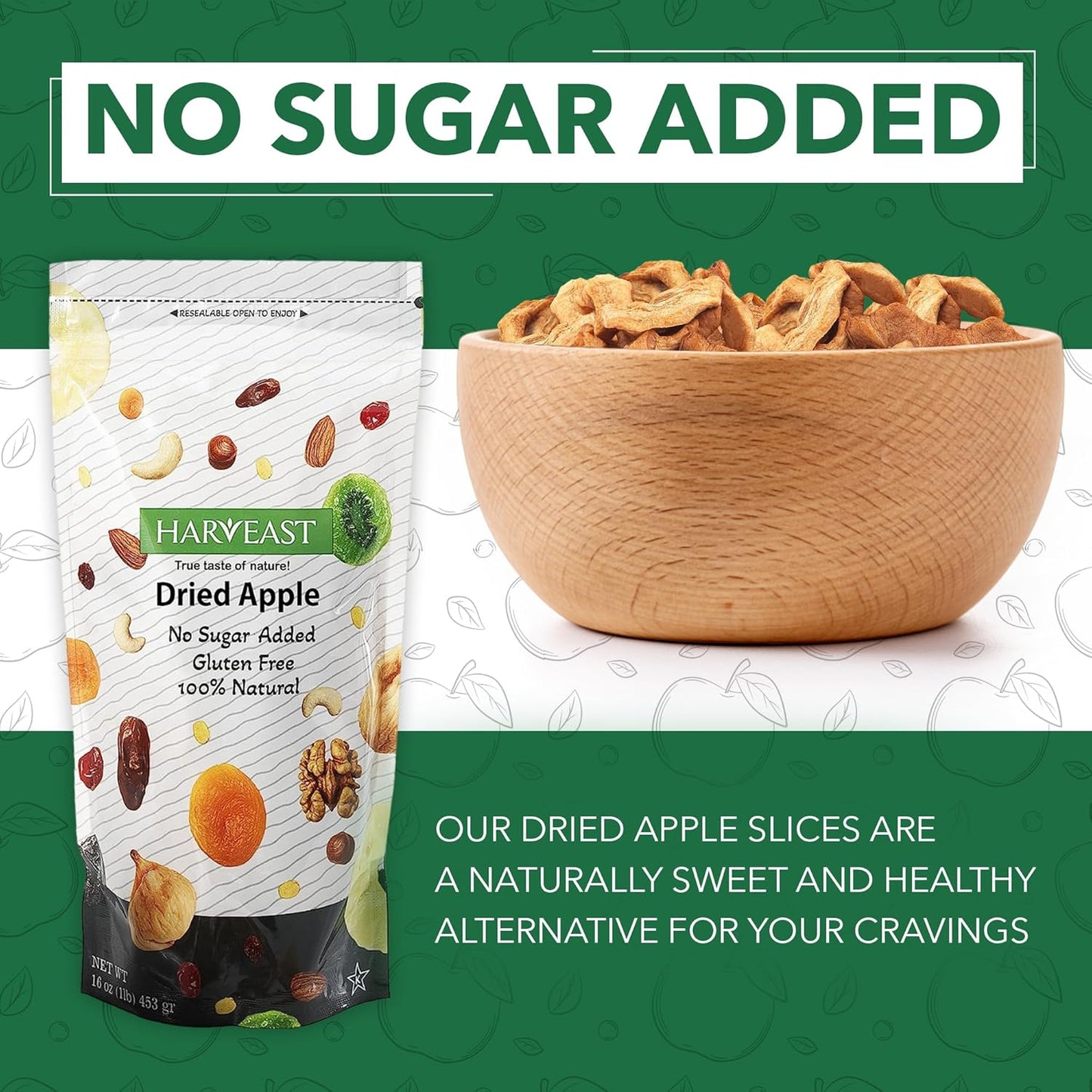 HARVEAST Dried Apples - Dehydrated Sliced Apple Snack - Tender & Sweet Whole Dried Fruits - Vegan Treats in Resealable Pack - Sugar Free, Non-GMO, Unsulfured, Gluten Free & Kosher