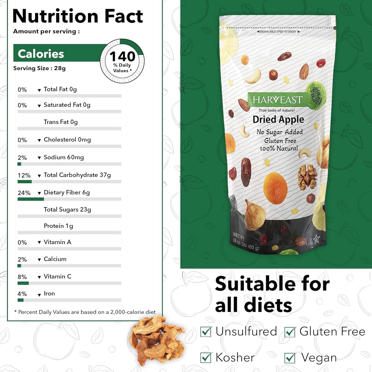 HARVEAST Dried Apples - Dehydrated Sliced Apple Snack - Tender & Sweet Whole Dried Fruits - Vegan Treats in Resealable Pack - Sugar Free, Non-GMO, Unsulfured, Gluten Free & Kosher