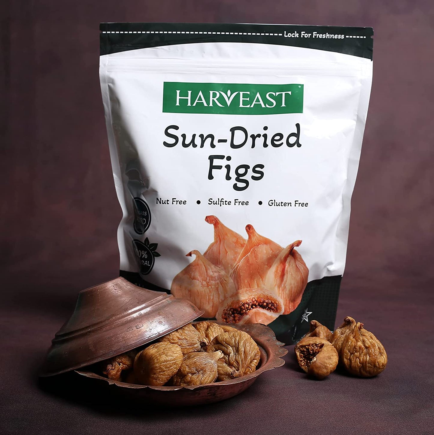 HARVEAST Sun Dried Figs - Natural Turkish Whole Dried Smyrna Figs Fruit, No Sugar Added, Non-GMO, Unsulfured, Gluten Free & Kosher – Tender & Sweet Dehydrated Figs Vegan Snack in Resealable Bag