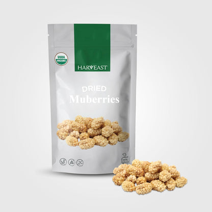 HARVEAST Turkish Dried Mulberries - Premium Gourmet Dehydrated Fruits - No Sugar, Gluten Free, Kosher, Vegan, Non-GMO - Dry Mulberries in Resealable Pack - Delicious Healthy Snack